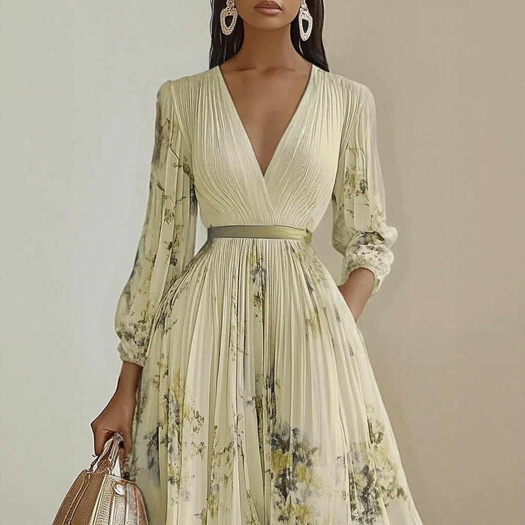 Vestido maxi para mujer con escote en V, plisado, multicolor y con bolsillos laterales