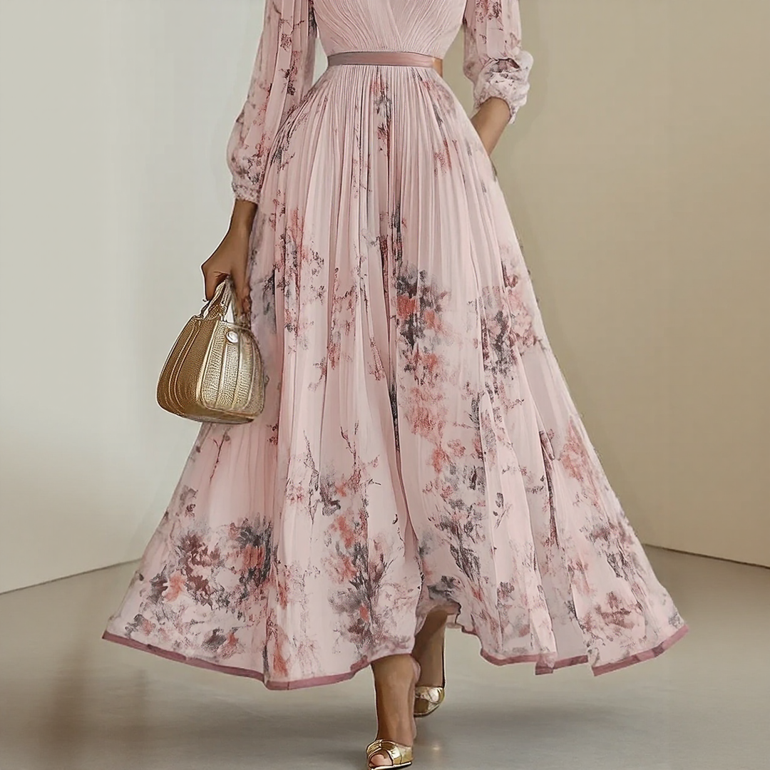 Vestido maxi para mujer con escote en V, plisado, multicolor y con bolsillos laterales