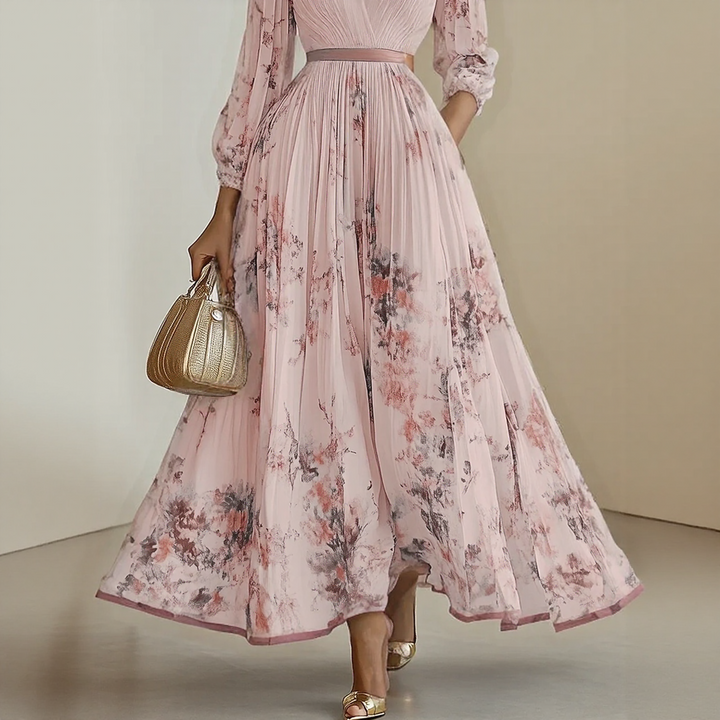 Vestido maxi para mujer con escote en V, plisado, multicolor y con bolsillos laterales