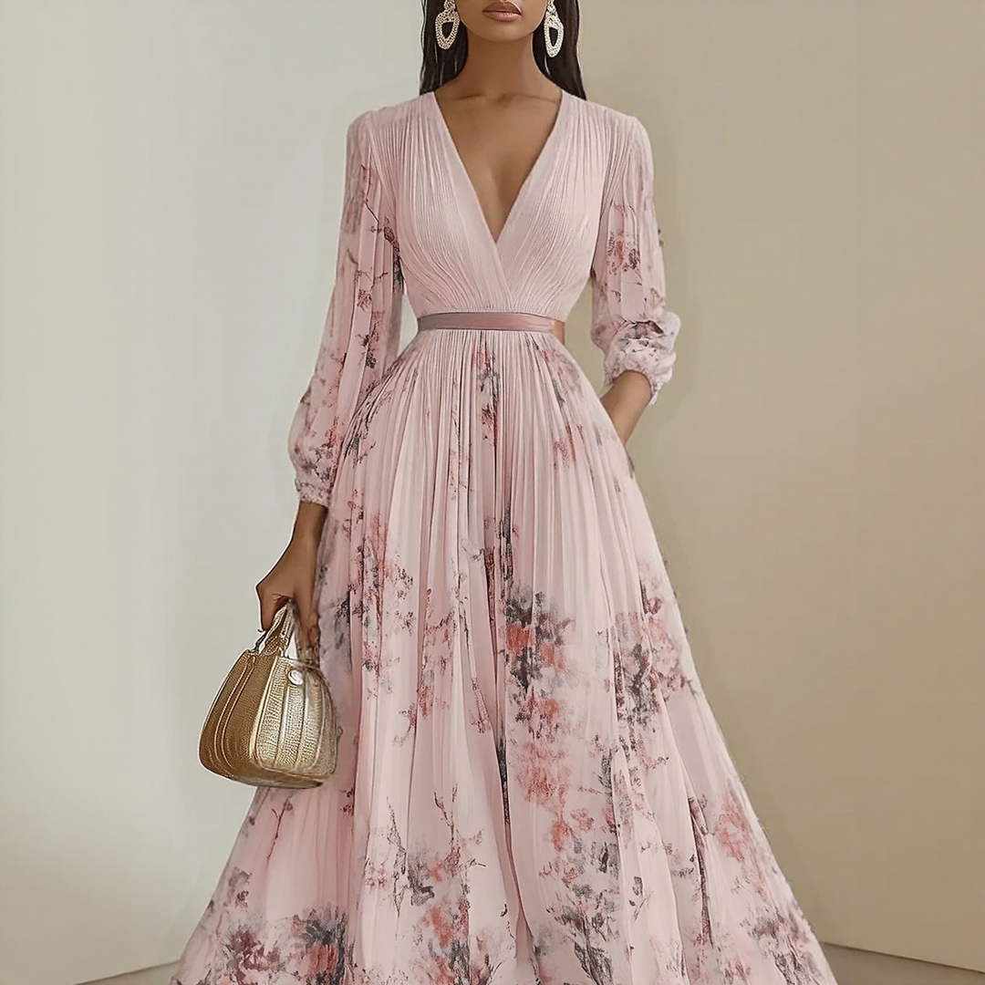 Vestido maxi para mujer con escote en V, plisado, multicolor y con bolsillos laterales