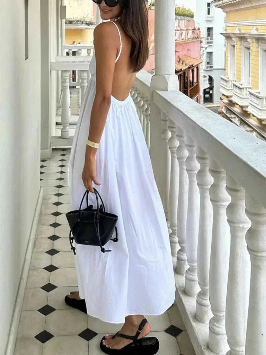 Alba – vestido maxi sin espalda con tirantes de espagueti, escote en V y falda amplia