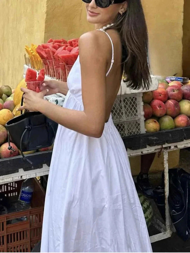 Alba – vestido maxi sin espalda con tirantes de espagueti, escote en V y falda amplia