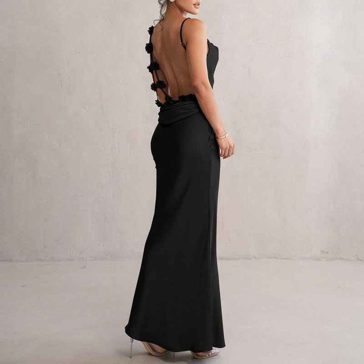 Amélie – Vestido maxi sin espalda con adornos florales