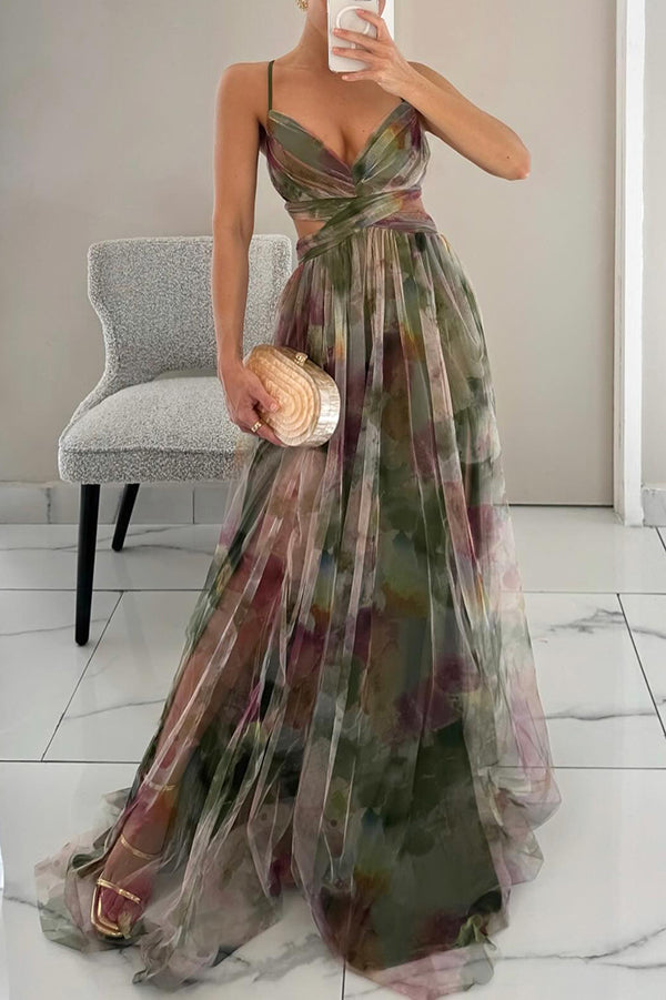 Vestido maxi de mujer multicolor con escote en V, tirantes finos y espalda descubierta con falda plisada