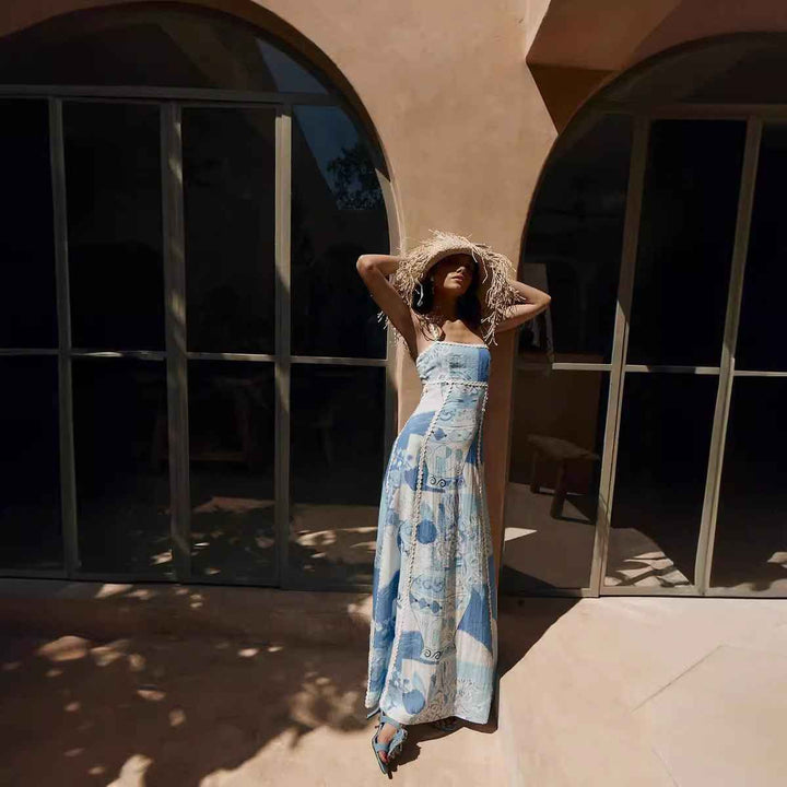 Chiara – Vestido Maxí Boho con patrón mediterráneo y lazo en la espalda