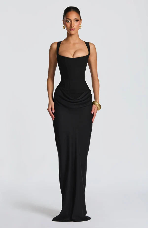 Vestido maxi para mujeres con corsé estructurado y escote cuadrado drapeado