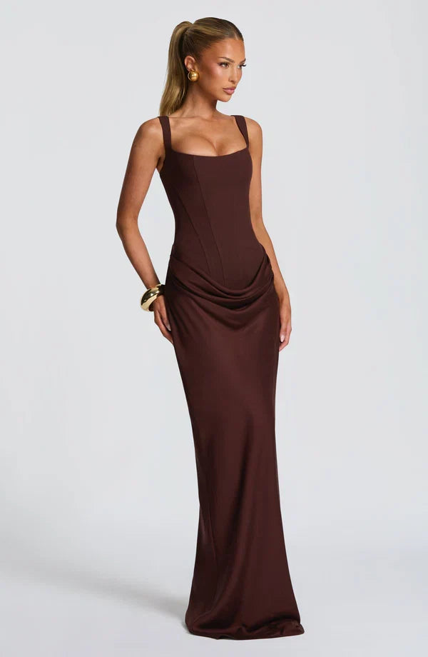Vestido maxi para mujeres con corsé estructurado y escote cuadrado drapeado