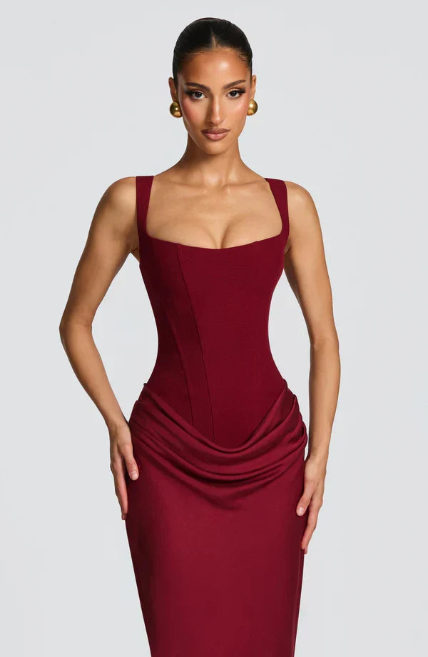 Vestido maxi para mujeres con corsé estructurado y escote cuadrado drapeado