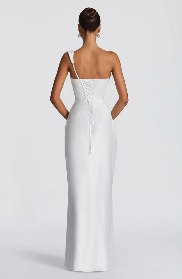 Vestido maxi asimétrico drapeado sin mangas con espalda con cordones