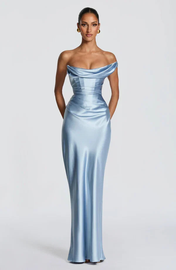 Vestido maxi asimétrico drapeado sin mangas con espalda con cordones