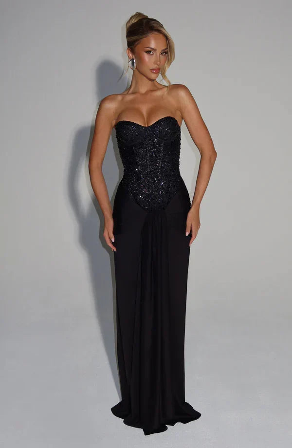 Vestido maxi sin mangas para mujer con cuerpo de cuentas y cintura atada