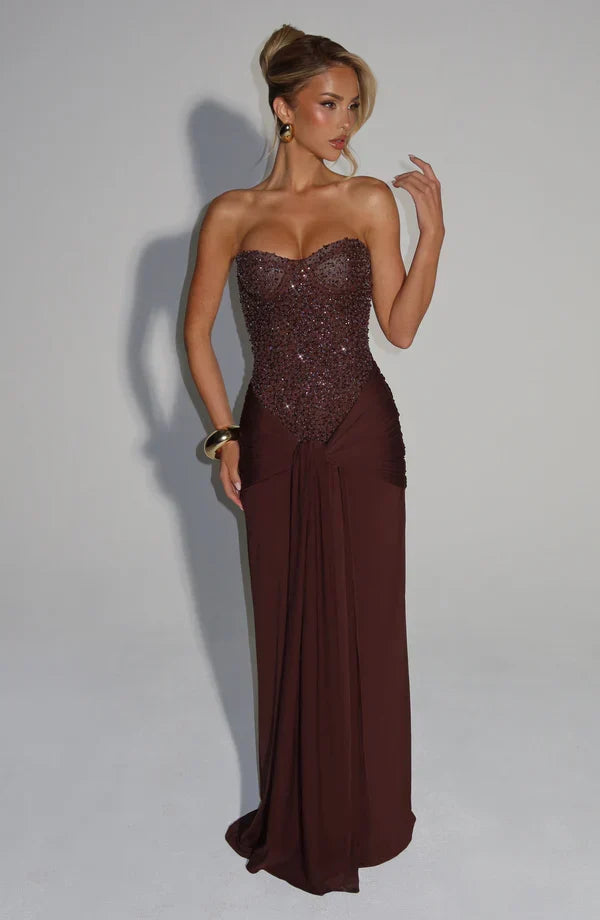 Vestido maxi sin mangas para mujer con cuerpo de cuentas y cintura atada