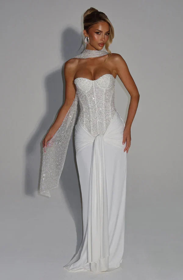 Vestido maxi sin mangas para mujer con cuerpo de cuentas y cintura atada
