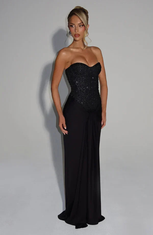 Vestido maxi sin mangas para mujer con cuerpo de cuentas y cintura atada