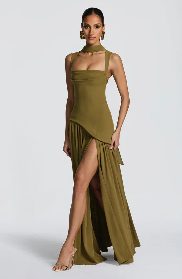 Vestido maxi para mujer con escote redondo, línea recta, cintura asimétrica y espalda con cordones