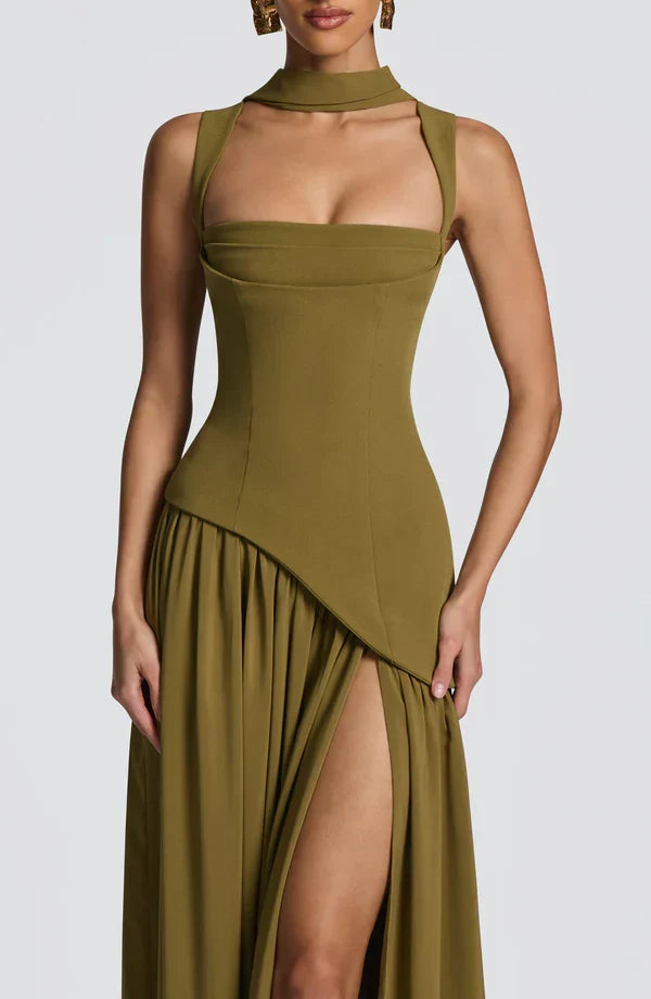 Vestido maxi para mujer con escote redondo, línea recta, cintura asimétrica y espalda con cordones