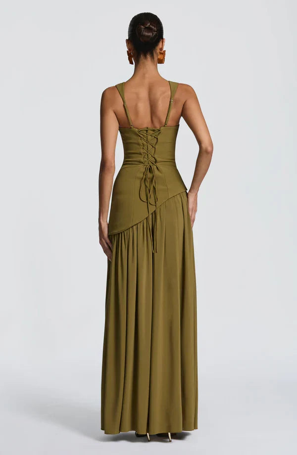 Vestido maxi para mujer con escote redondo, línea recta, cintura asimétrica y espalda con cordones
