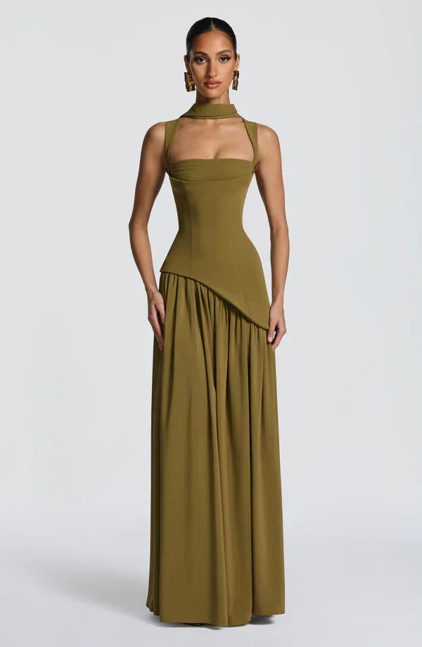 Vestido maxi para mujer con escote redondo, línea recta, cintura asimétrica y espalda con cordones