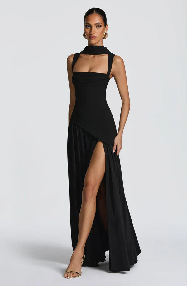 Vestido maxi para mujer con escote redondo, línea recta, cintura asimétrica y espalda con cordones