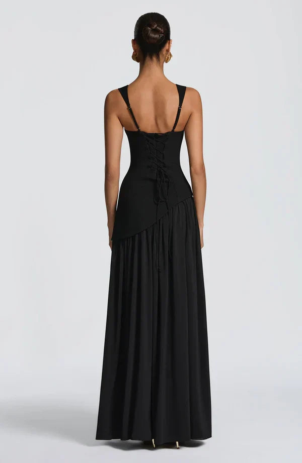 Vestido maxi para mujer con escote redondo, línea recta, cintura asimétrica y espalda con cordones