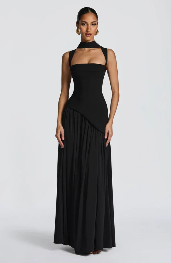 Vestido maxi para mujer con escote redondo, línea recta, cintura asimétrica y espalda con cordones