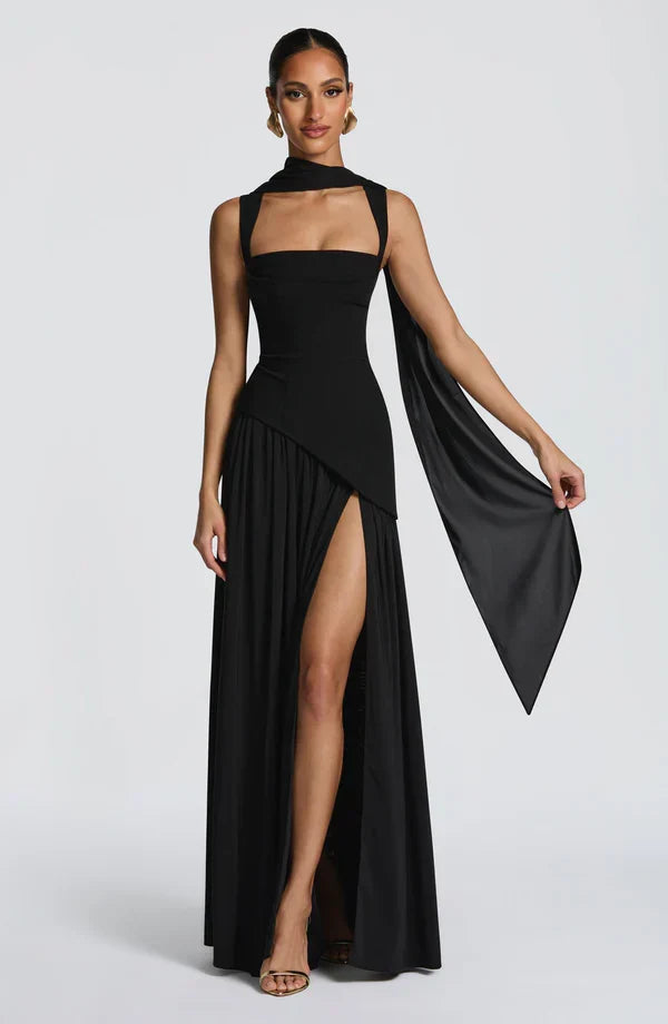 Vestido maxi para mujer con escote redondo, línea recta, cintura asimétrica y espalda con cordones
