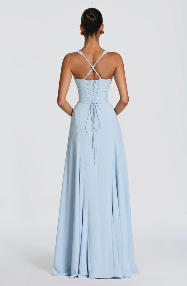 Vestido maxi para mujeres con tirantes delgados, espalda con cordones y escote corazón