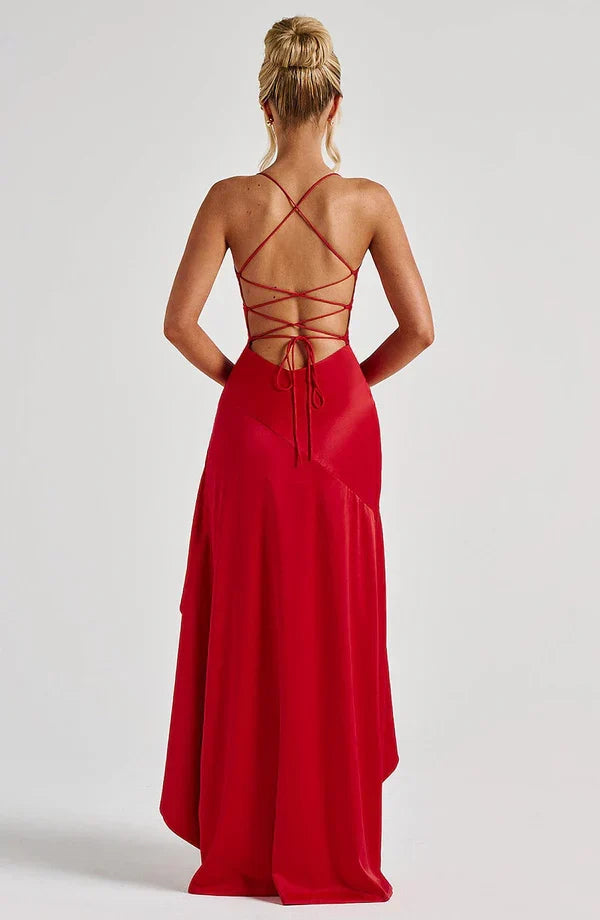 Vestido maxi de mujer con tirantes finos, cuello drapeado, asimétrico, con volantes y abertura