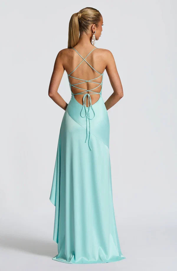 Vestido maxi de mujer con tirantes finos, cuello drapeado, asimétrico, con volantes y abertura