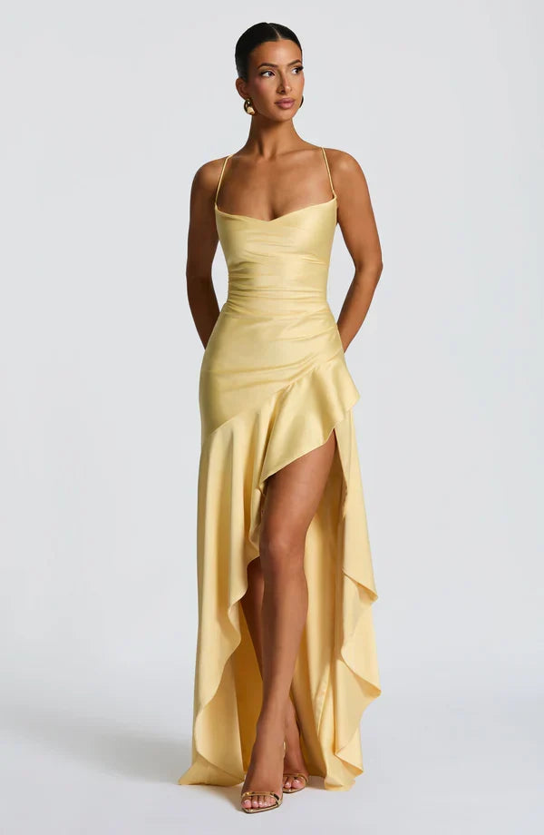 Vestido maxi de mujer con tirantes finos, cuello drapeado, asimétrico, con volantes y abertura