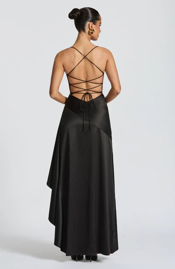 Vestido maxi de mujer con tirantes finos, cuello drapeado, asimétrico, con volantes y abertura