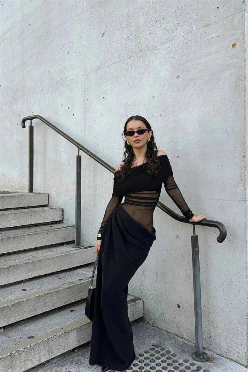 Maxi vestido de malla recortada