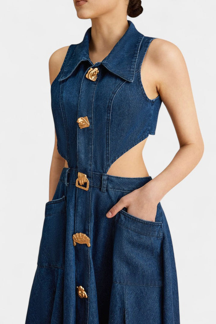 Alia Vestido de mezclilla sin mangas con corte