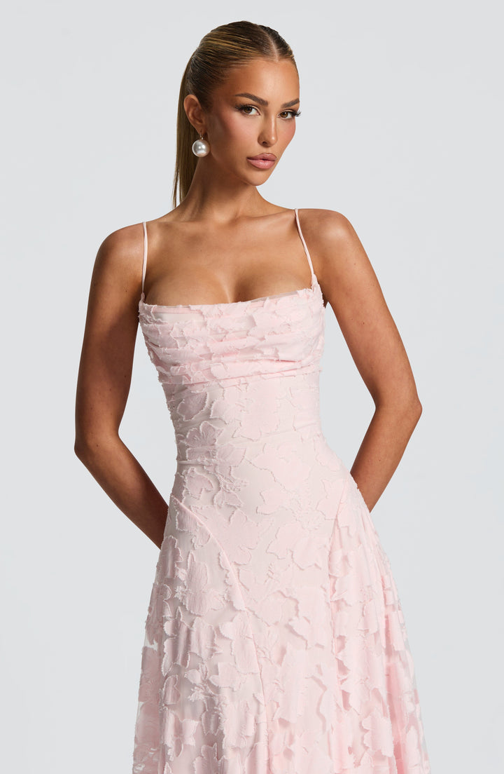Vestido maxi para mujeres, cuello drapeado, espalda con cordones, tirantes finos, patrón de calado