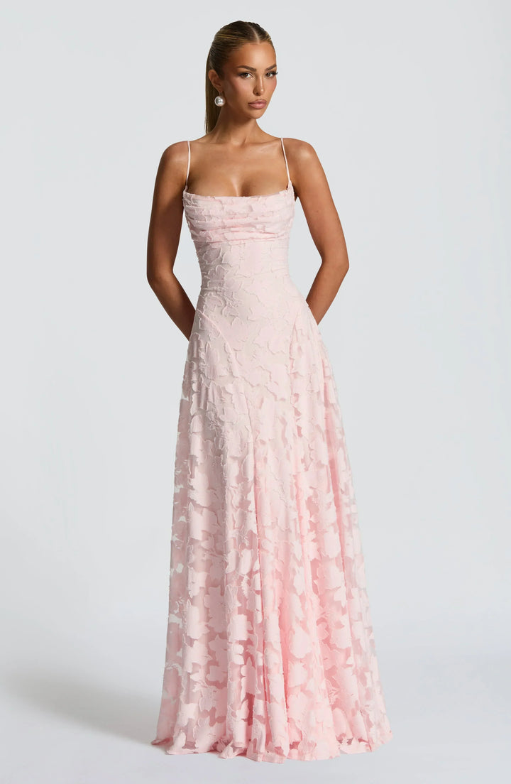 Vestido maxi para mujeres, escote drapeado, tirantes delgados, patrón floral texturizado, falda acampanada