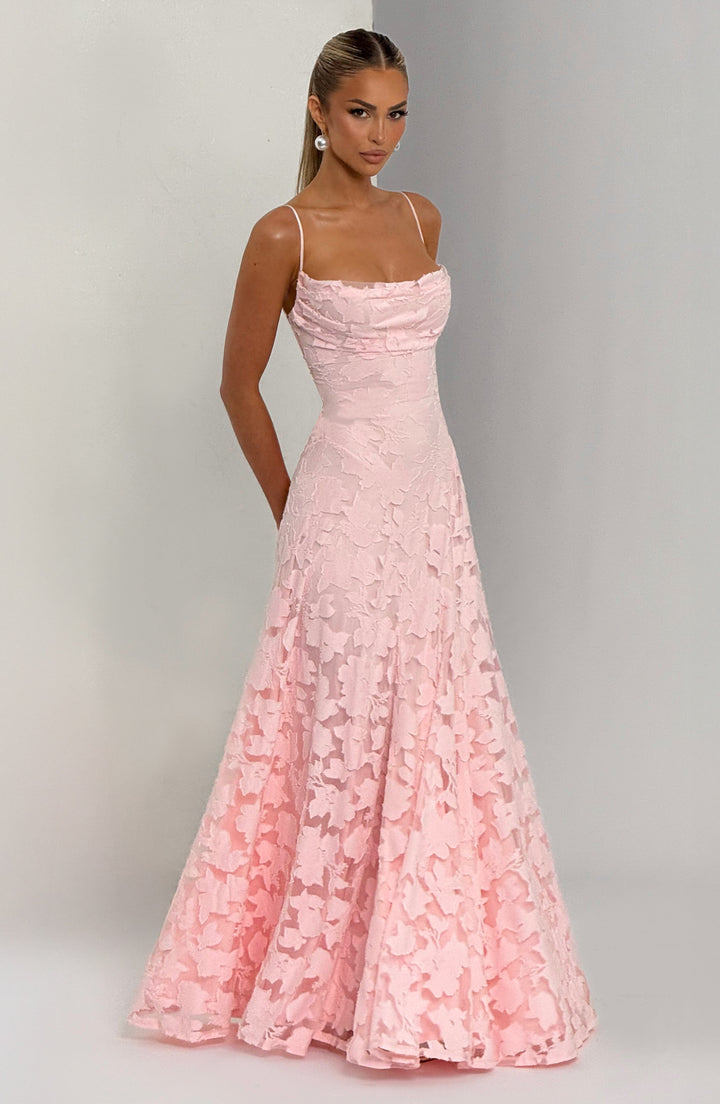 Vestido maxi para mujeres, cuello drapeado, espalda con cordones, tirantes finos, patrón de calado