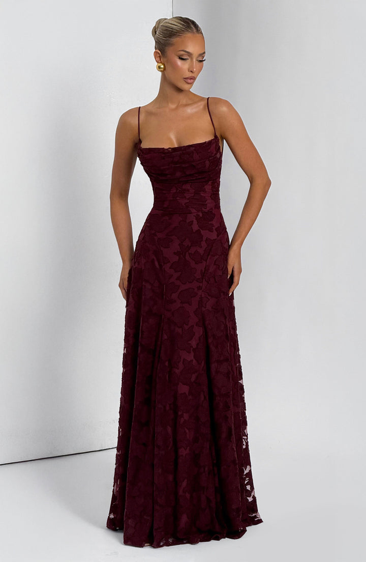 Vestido maxi para mujeres, cuello drapeado, espalda con cordones, tirantes finos, patrón de calado