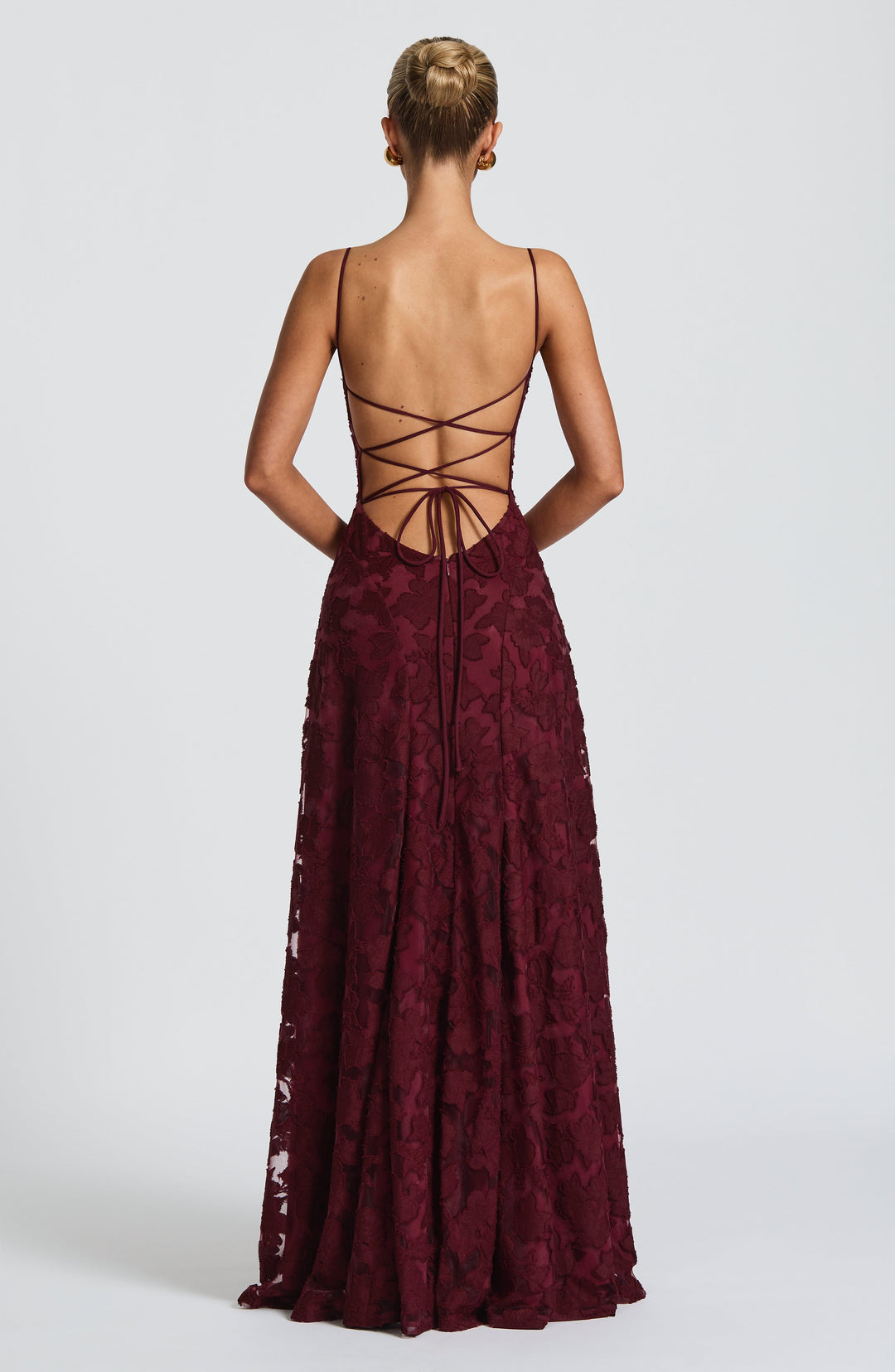 Vestido maxi para mujeres, cuello drapeado, espalda con cordones, tirantes finos, patrón de calado