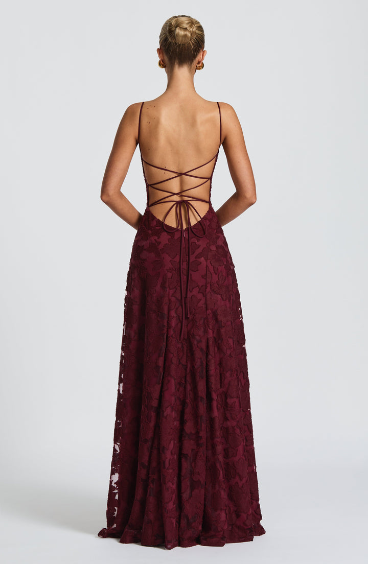 Vestido maxi para mujeres, cuello drapeado, espalda con cordones, tirantes finos, patrón de calado