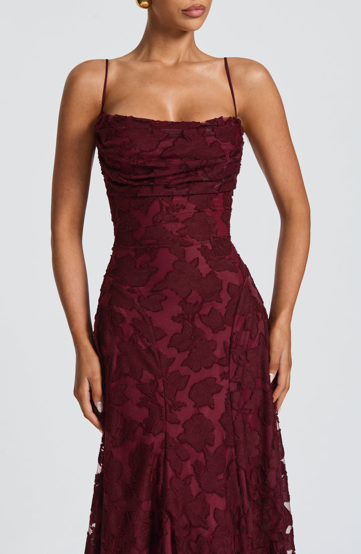Vestido maxi para mujeres, cuello drapeado, espalda con cordones, tirantes finos, patrón de calado