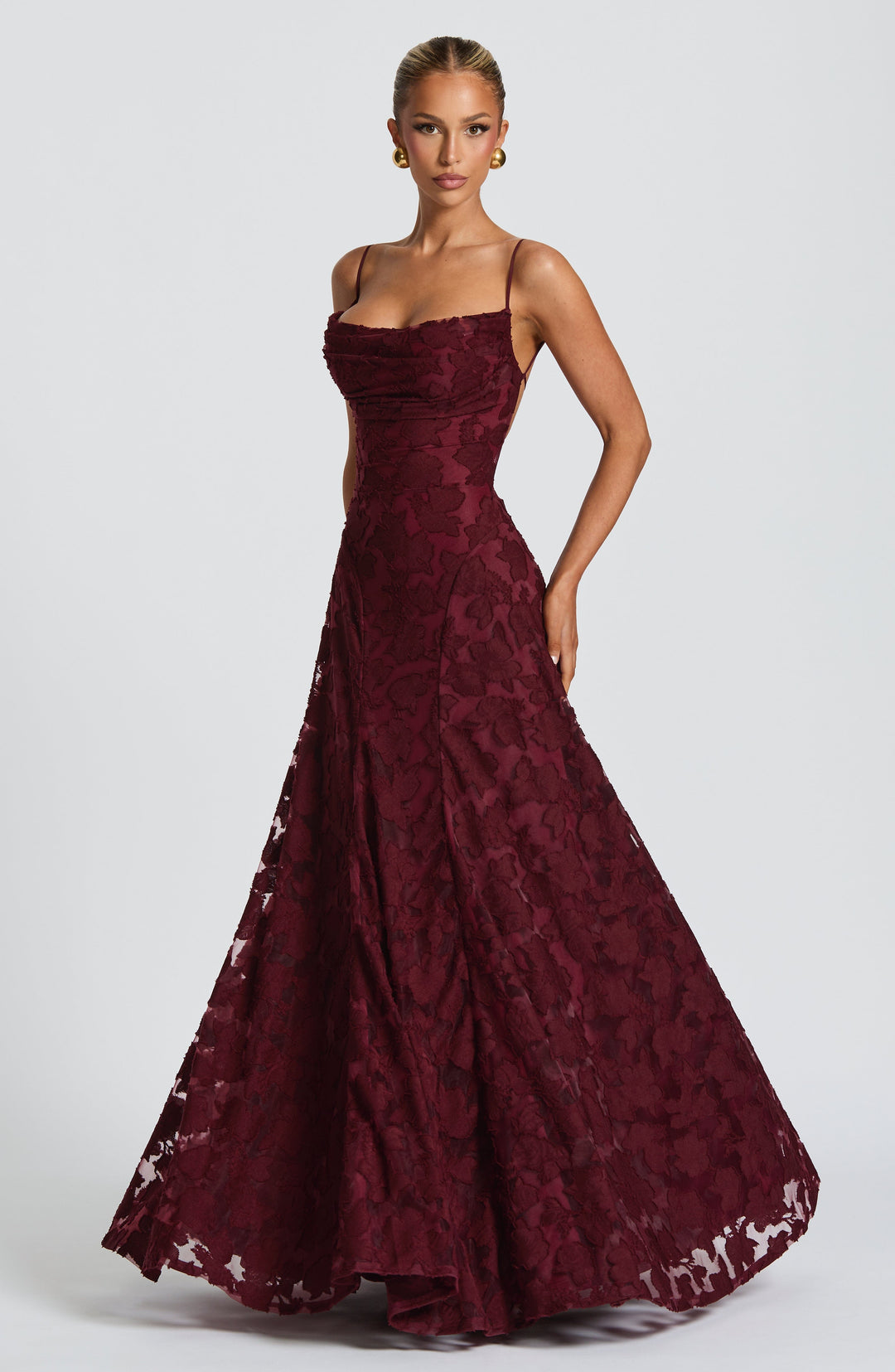 Vestido maxi para mujeres, cuello drapeado, espalda con cordones, tirantes finos, patrón de calado