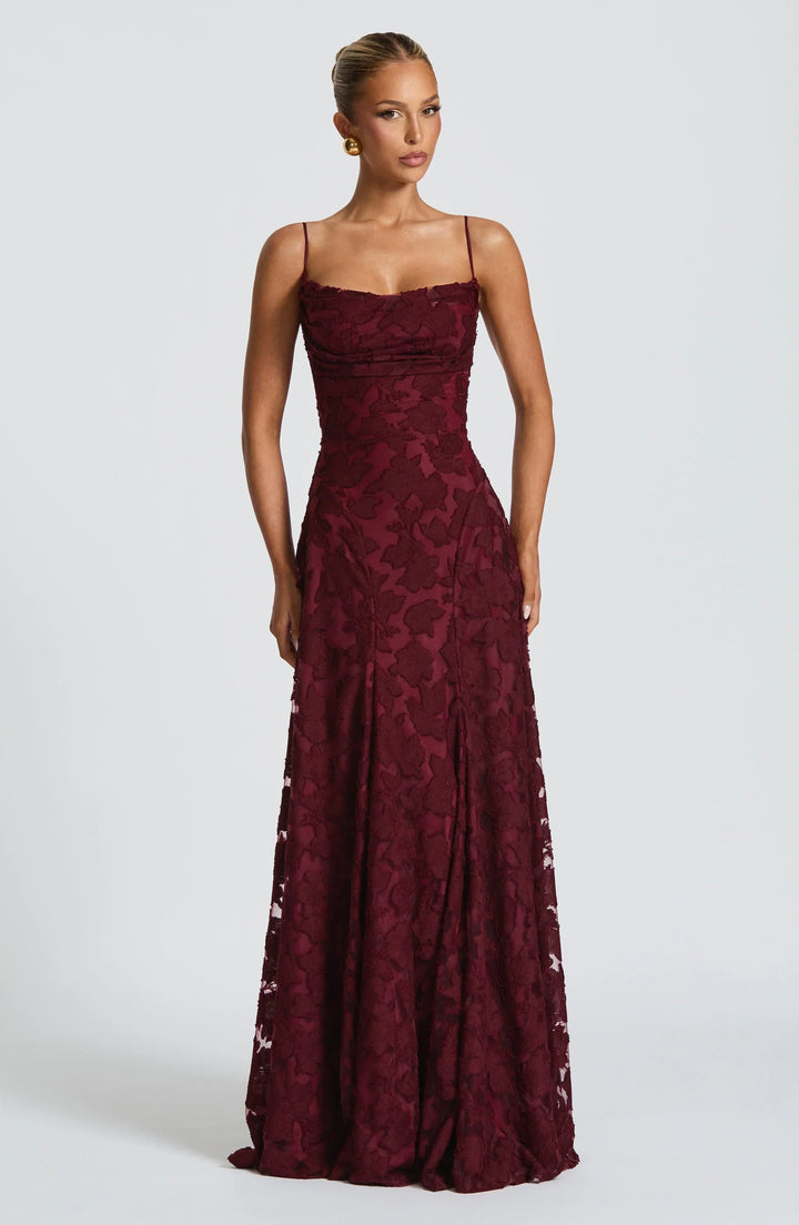 Vestido maxi para mujeres, escote drapeado, tirantes delgados, patrón floral texturizado, falda acampanada