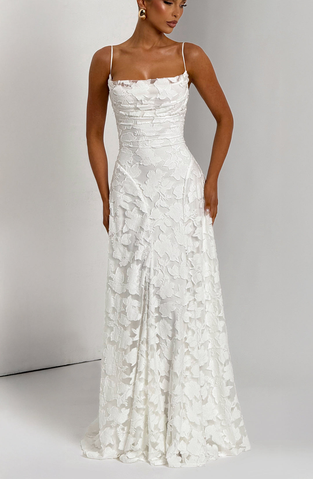 Vestido maxi para mujeres, cuello drapeado, espalda con cordones, tirantes finos, patrón de calado