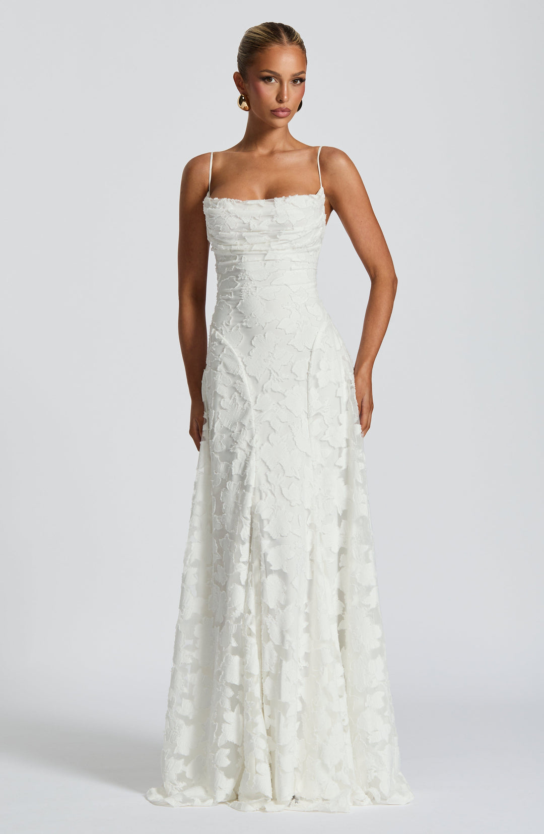 Vestido maxi para mujeres, escote drapeado, tirantes delgados, patrón floral texturizado, falda acampanada
