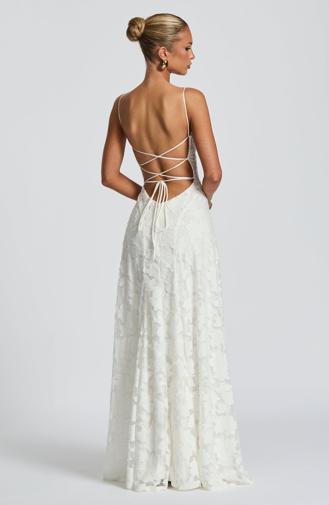 Vestido maxi para mujeres, cuello drapeado, espalda con cordones, tirantes finos, patrón de calado