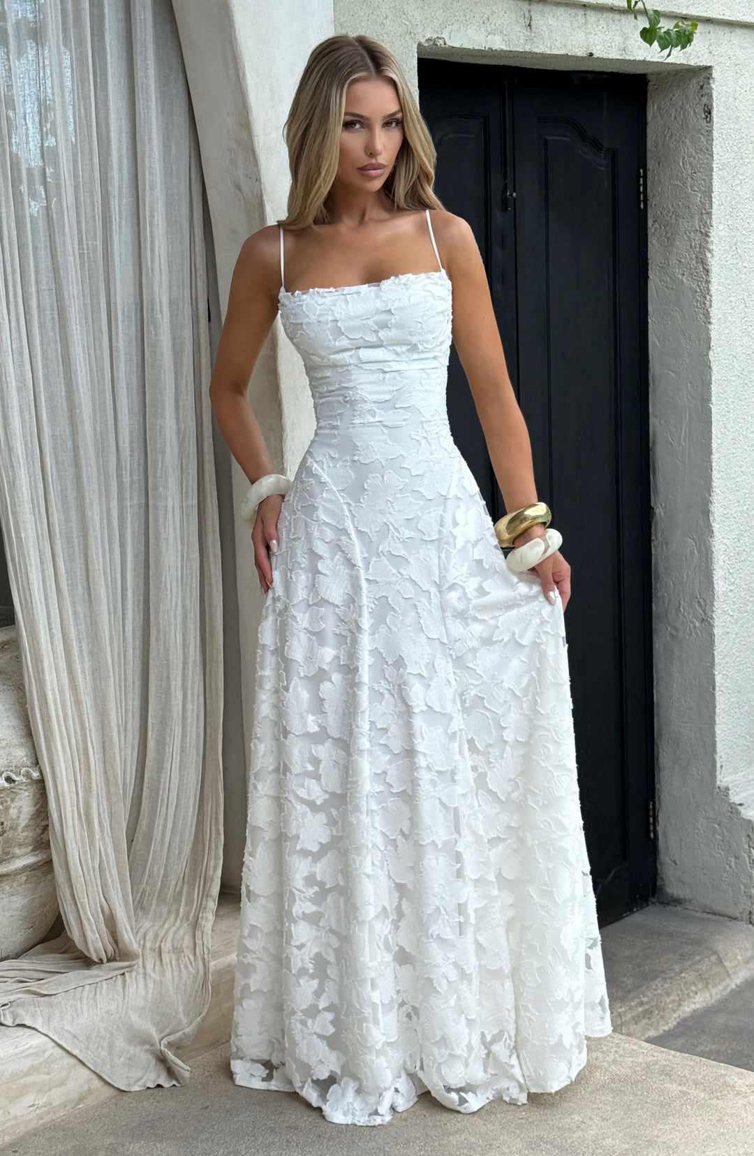 Vestido maxi para mujeres, cuello drapeado, espalda con cordones, tirantes finos, patrón de calado