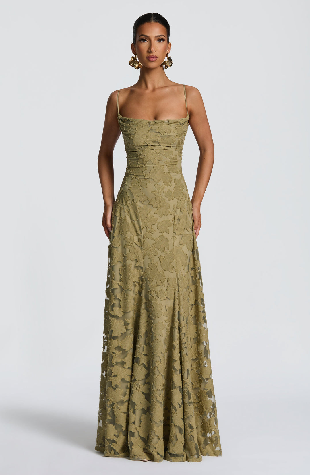 Vestido maxi para mujeres, cuello drapeado, espalda con cordones, tirantes finos, patrón de calado
