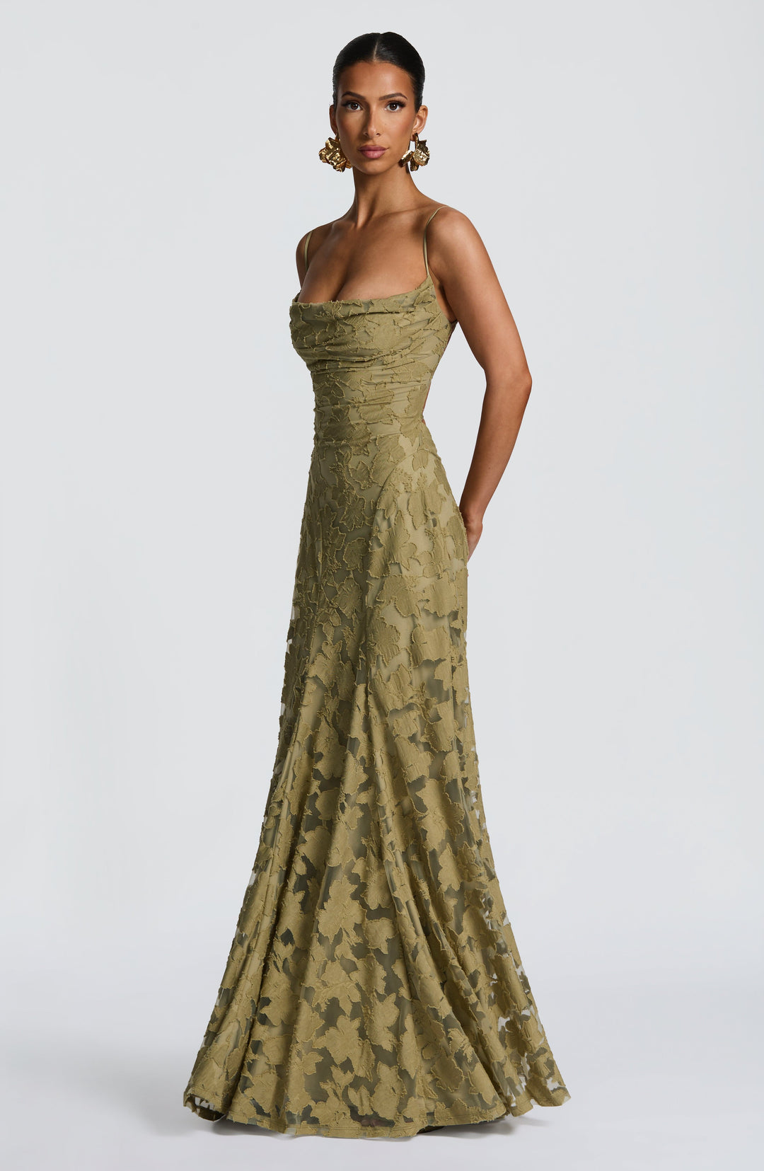 Vestido maxi para mujeres, cuello drapeado, espalda con cordones, tirantes finos, patrón de calado
