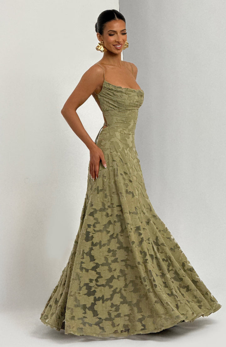 Vestido maxi para mujeres, cuello drapeado, espalda con cordones, tirantes finos, patrón de calado