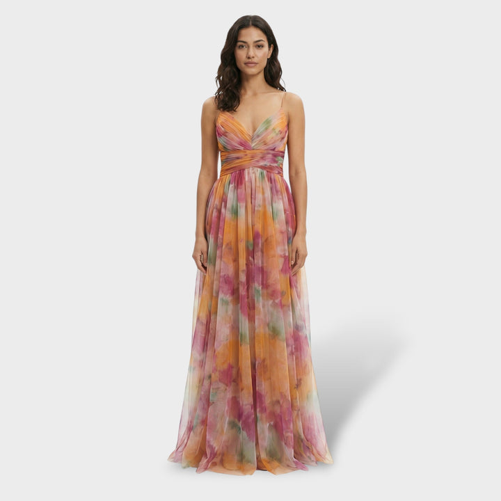 Vestido maxi multicolor para mujer con escote en V, tirantes finos, sin espalda